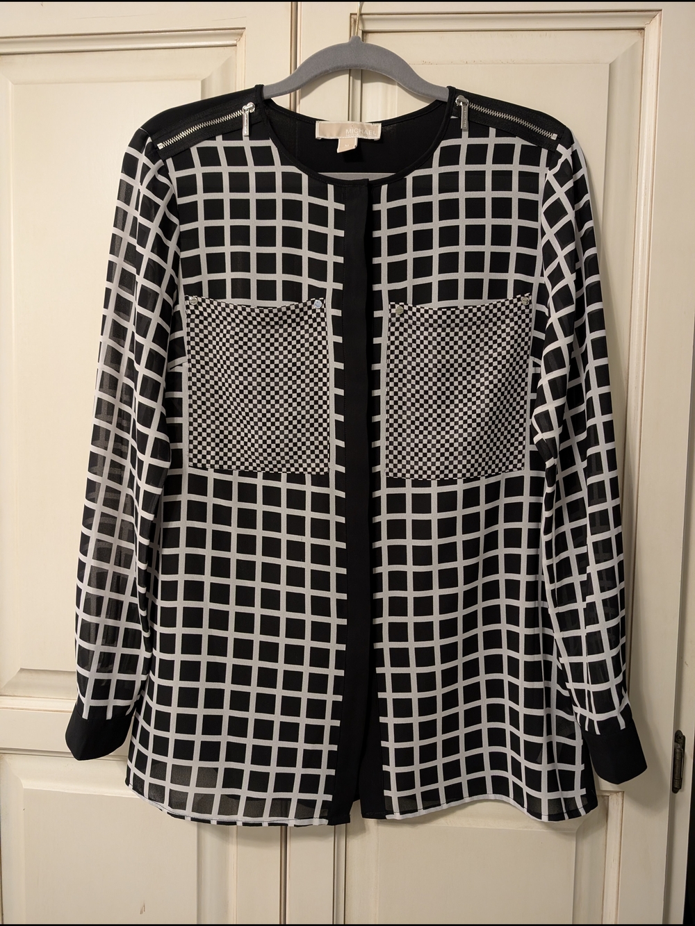 Michael Kors Black and White Grid-Print Blouse